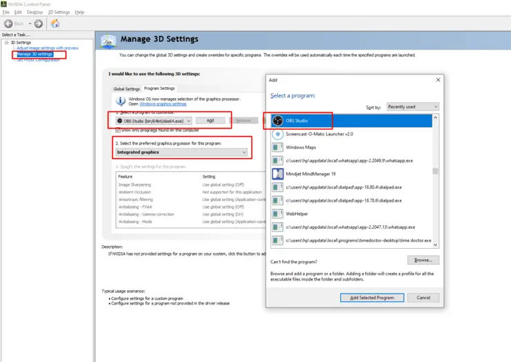 select the correct gpu for obs form nvidia setting control panel