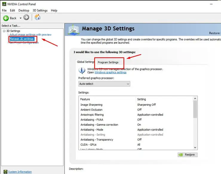 nvidia control panel settings for manage 3d settings