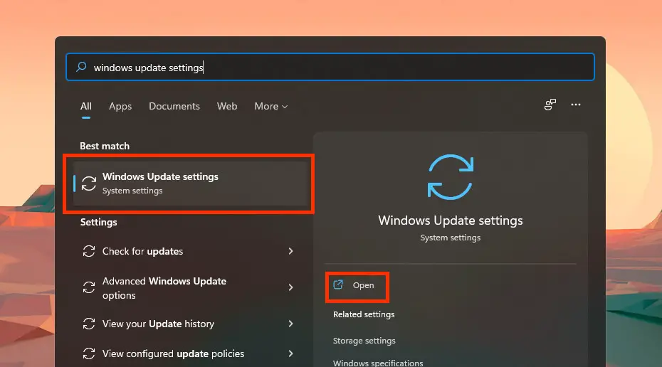 search for windows update settings